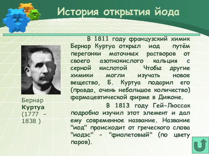 В 1811 году французский химик Бернар Куртуа открыл иод путём