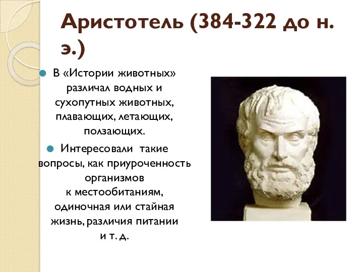 Аристотель (384-322 до н.э.) В «Истории животных» различал водных и