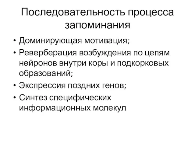 Последовательность процесса запоминания Доминирующая мотивация; Реверберация возбуждения по цепям нейронов