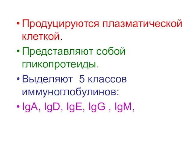 Продуцируются плазматической клеткой. Представляют собой гликопротеиды. Выделяют 5 классов иммуноглобулинов: IgA, IgD, IgE, IgG , IgM,