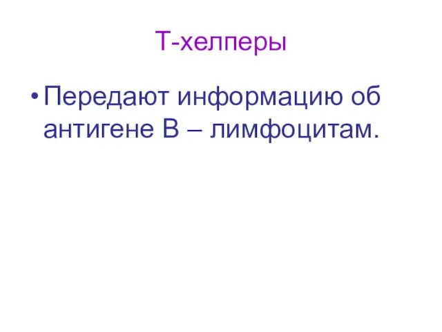 Т-хелперы Передают информацию об антигене В – лимфоцитам.