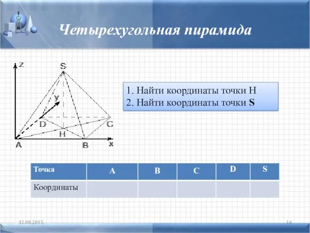 Четырехугольная пирамида 12.08.2015 1. Найти координаты точки Н 2. Найти координаты точки S