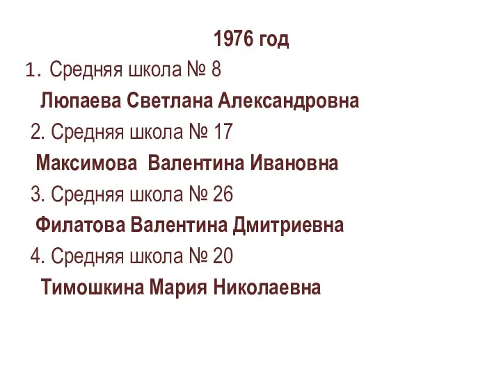 1976 год Средняя школа № 8 Люпаева Светлана Александровна 2. Средняя школа №
