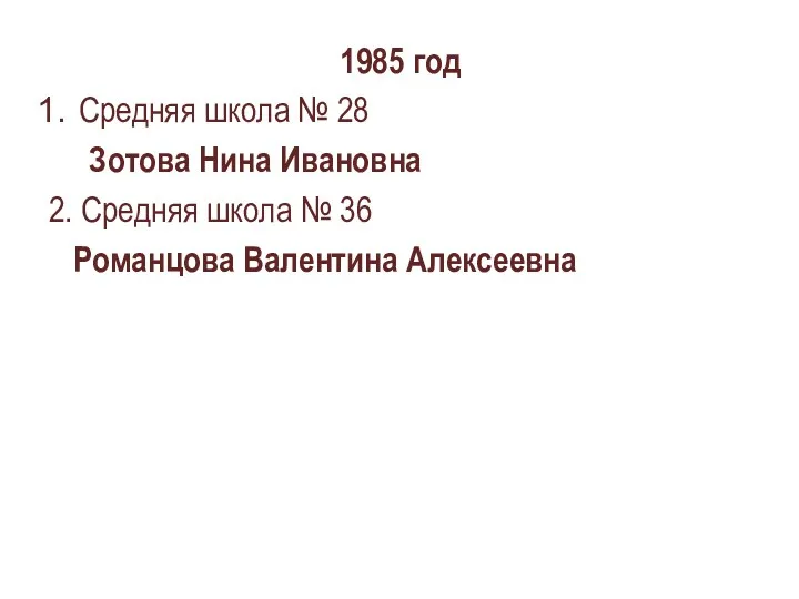 1985 год Средняя школа № 28 Зотова Нина Ивановна 2. Средняя школа №