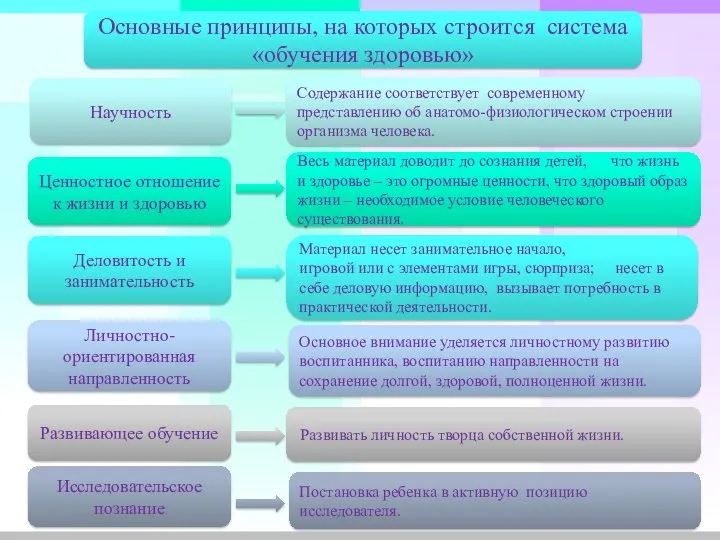 Основные принципы, на которых строится система «обучения здоровью» Содержание соответствует