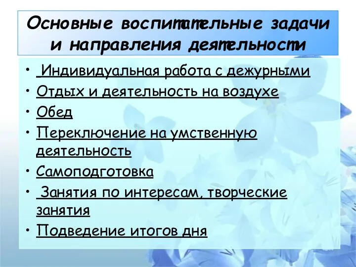 Основные воспитательные задачи и направления деятельности Индивидуальная работа с дежурными