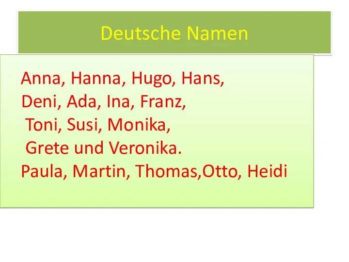 Deutsche Namen Anna, Hanna, Hugo, Hans, Deni, Ada, Ina, Franz, Toni, Susi, Monika,