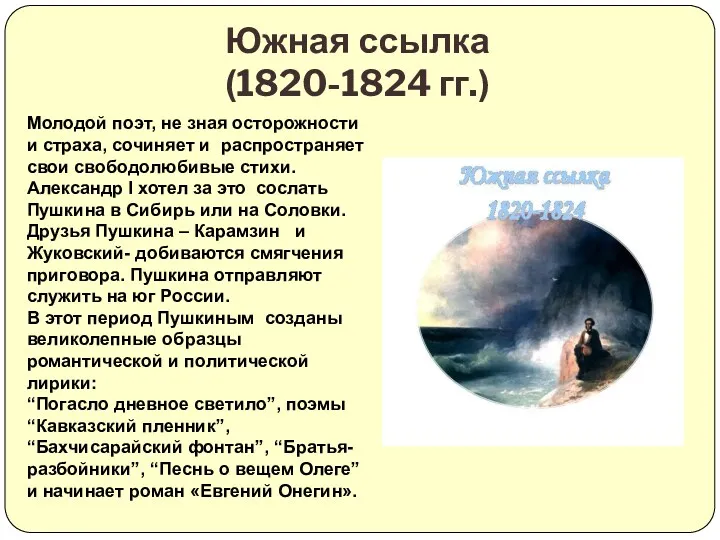 Южная ссылка (1820-1824 гг.) Молодой поэт, не зная осторожности и