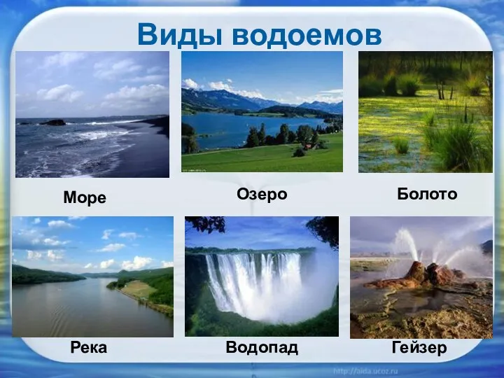 Виды водоемов Гейзер Море Болото Река Водопад Озеро