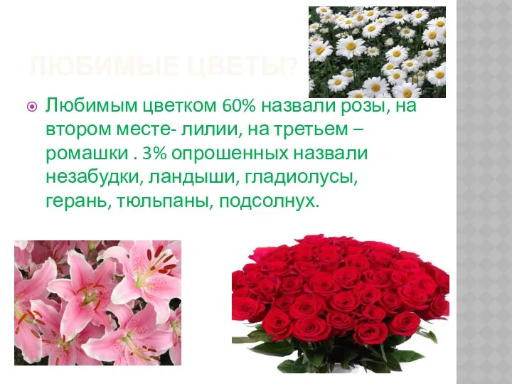 Любимые цветы? Любимым цветком 60% назвали розы, на втором месте- лилии, на третьем