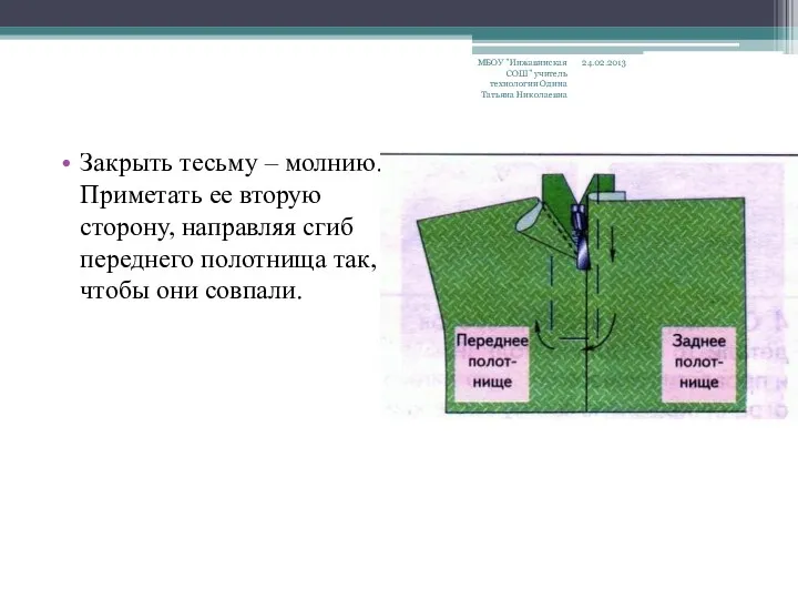 Закрыть тесьму – молнию. Приметать ее вторую сторону, направляя сгиб