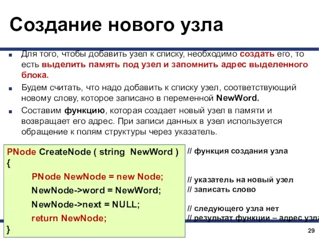 Создание нового узла Для того, чтобы добавить узел к списку,