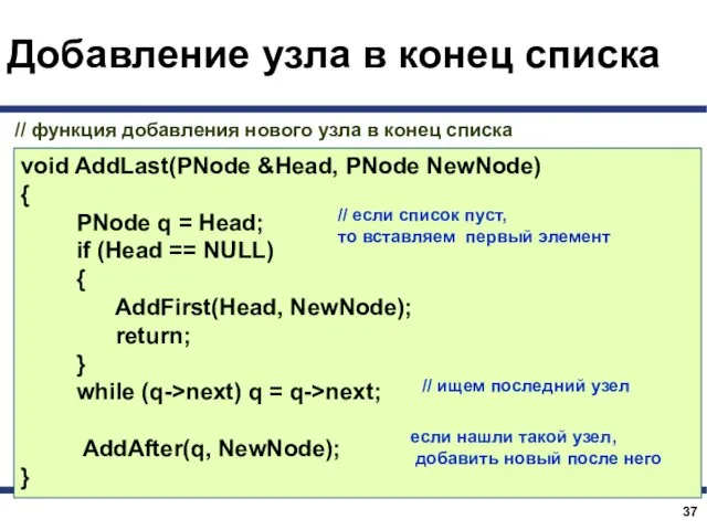 Добавление узла в конец списка void AddLast(PNode &Head, PNode NewNode)