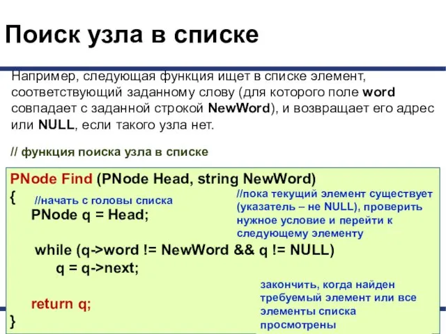 Поиск узла в списке PNode Find (PNode Head, string NewWord)