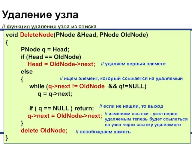 Удаление узла void DeleteNode(PNode &Head, PNode OldNode) { PNode q
