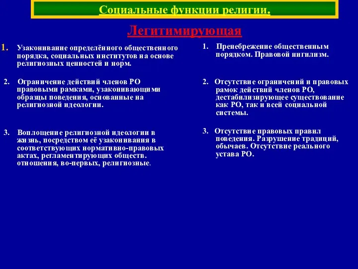 Социальные функции религии. Узаконивание определённого общественного порядка, социальных институтов на