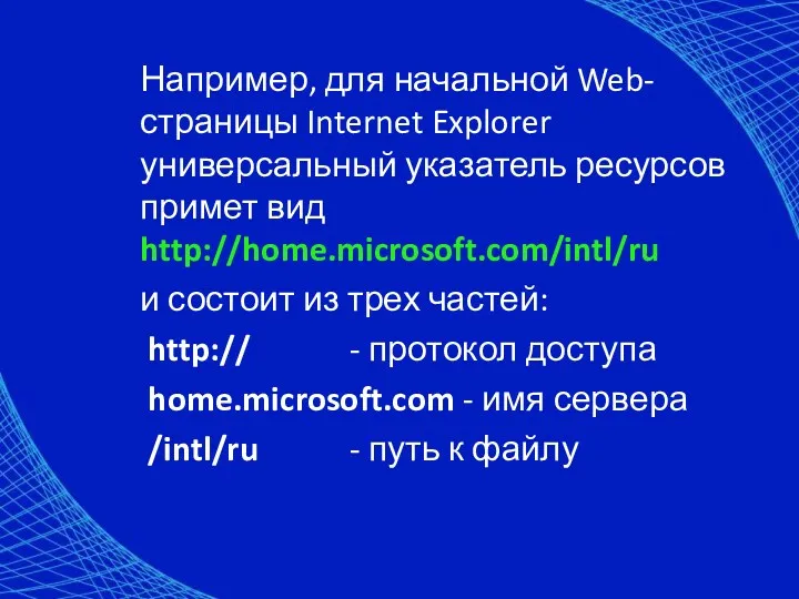 Например, для начальной Web-страницы Internet Explorer универсальный указатель ресурсов примет вид http://home.microsoft.com/intl/ru и