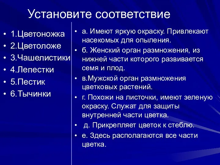 Установите соответствие 1.Цветоножка 2.Цветоложе 3.Чашелистики 4.Лепестки 5.Пестик 6.Тычинки а. Имеют