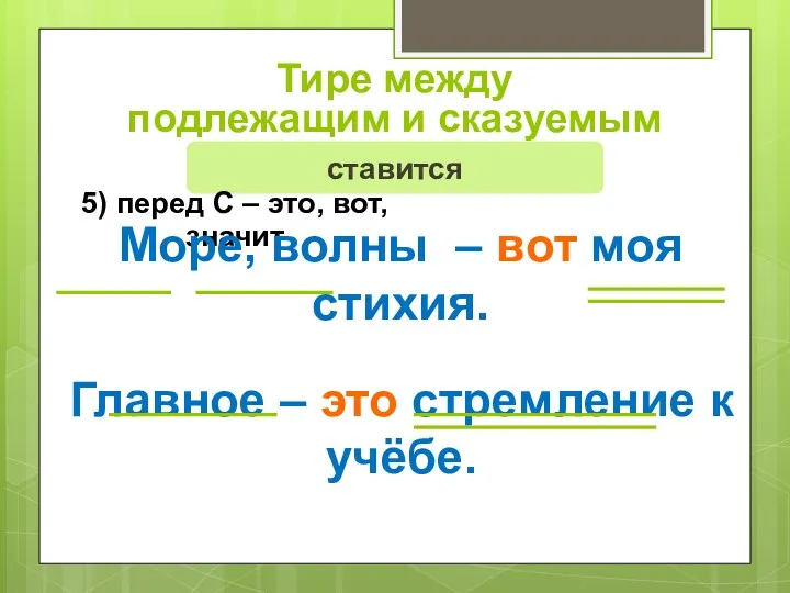 Тире между подлежащим и сказуемым ставится 5) перед С – это, вот, значит