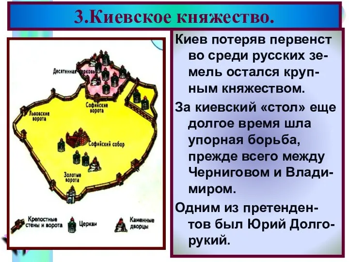 3.Киевское княжество. Киев потеряв первенст во среди русских зе-мель остался круп-ным княжеством. За