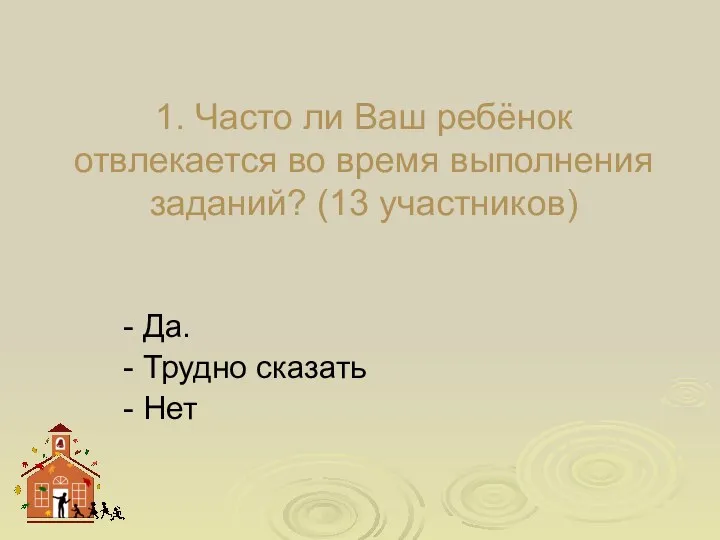 1. Часто ли Ваш ребёнок отвлекается во время выполнения заданий? (13 участников) -