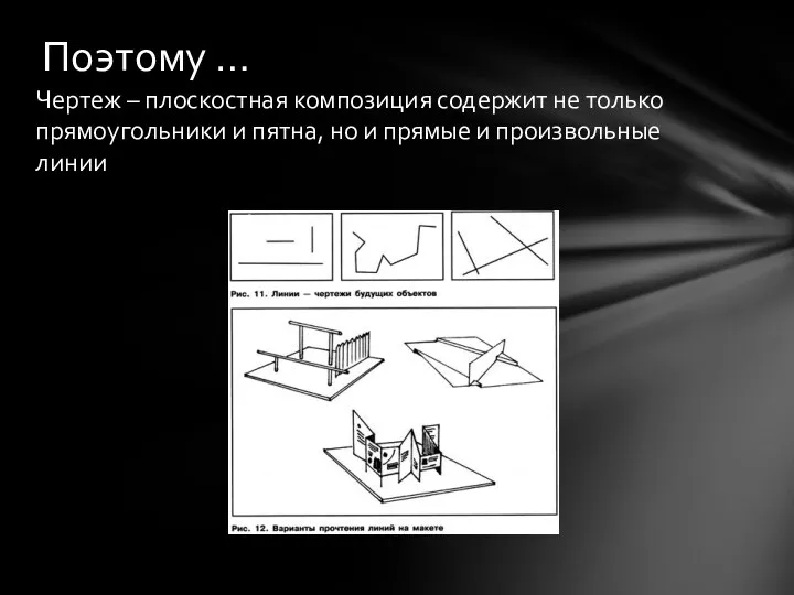 Чертеж – плоскостная композиция содержит не только прямоугольники и пятна,