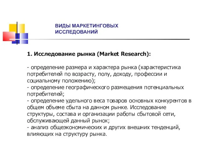 1. Исследование рынка (Market Research): - определение размера и характера