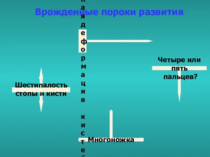 Врожденные пороки развития Шестипалость стопы и кисти Многоножка Клешневидная деформация кистей Четыре или пять пальцев?