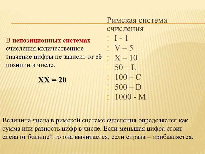 В непозиционных системах счисления количественное значение цифры не зависит от