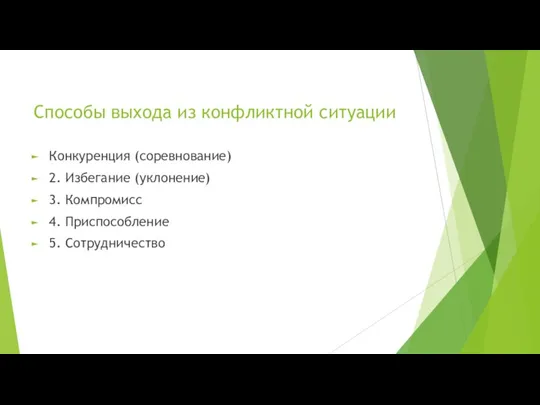 Способы выхода из конфликтной ситуации Конкуренция (соревнование) 2. Избегание (уклонение) 3. Компромисс 4. Приспособление 5. Сотрудничество