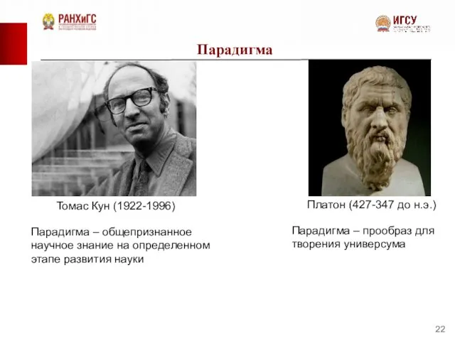 Парадигма Томас Кун (1922-1996) Платон (427-347 до н.э.) Парадигма – прообраз для творения