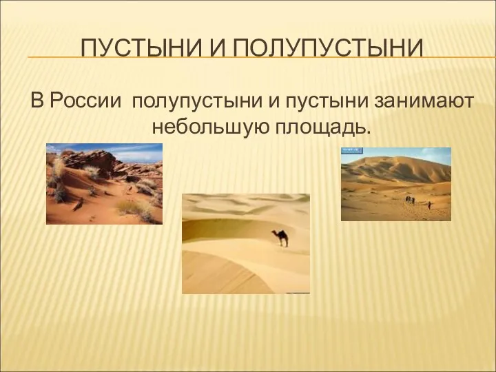 ПУСТЫНИ И ПОЛУПУСТЫНИ В России полупустыни и пустыни занимают небольшую площадь.