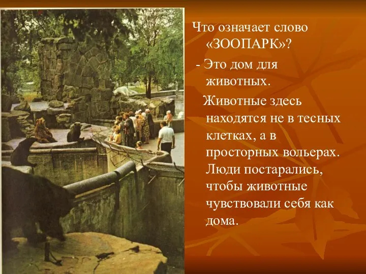 Что означает слово «ЗООПАРК»? - Это дом для животных. Животные здесь находятся не