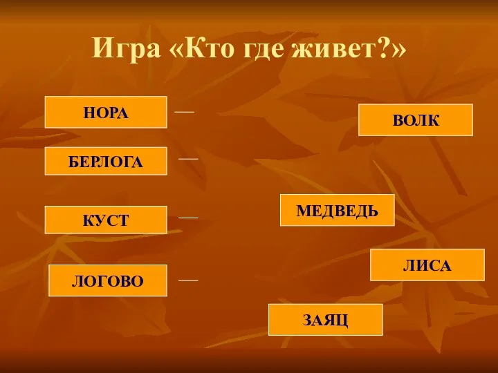 Игра «Кто где живет?» НОРА БЕРЛОГА КУСТ ЛОГОВО ВОЛК ЛИСА МЕДВЕДЬ ЗАЯЦ