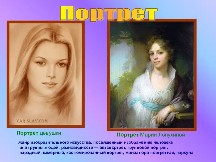 Портрет Марии Лопухиной. Портрет девушки Жанр изобразительного искусства, посвященный изображению