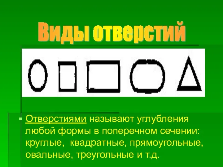 Отверстиями называют углубления любой формы в поперечном сечении: круглые, квадратные,