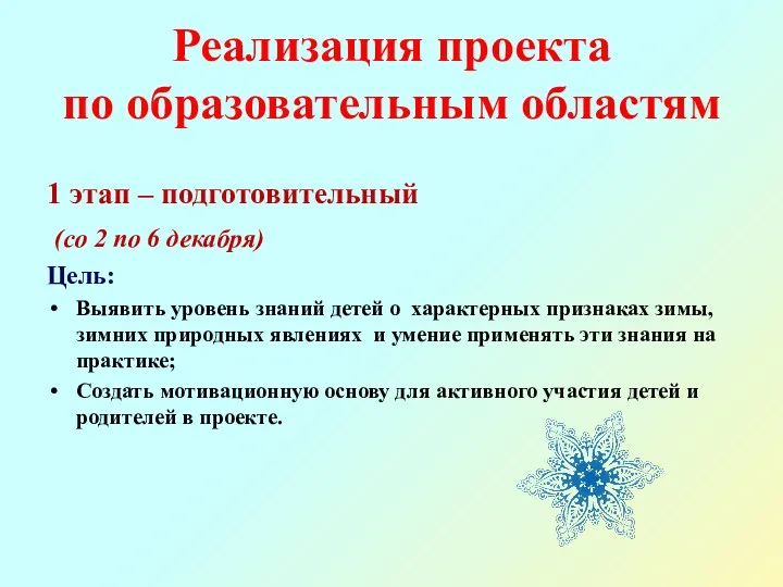 Реализация проекта по образовательным областям 1 этап – подготовительный (со