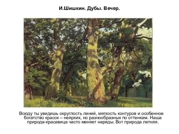 И.Шишкин. Дубы. Вечер. Всюду ты увидишь округлость линий, мягкость контуров