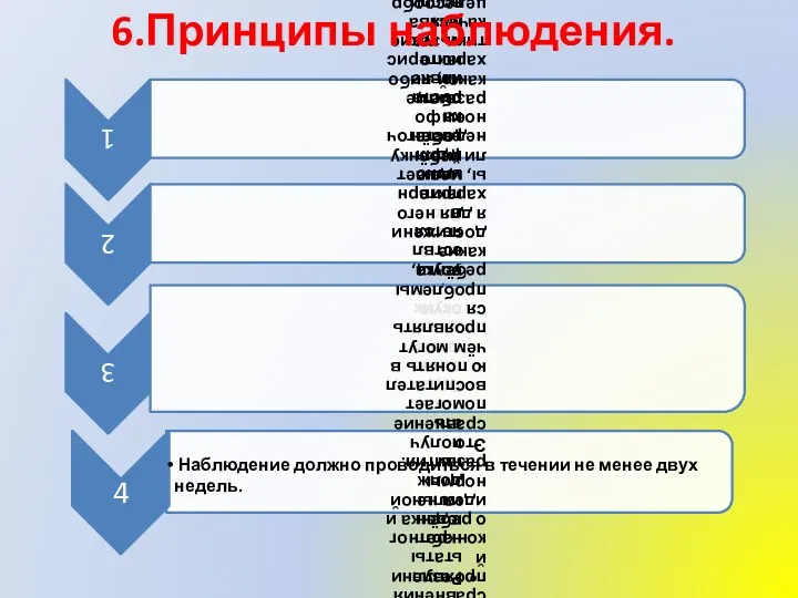 Наблюдение должно проводиться в течении не менее двух недель. 6.Принципы наблюдения.