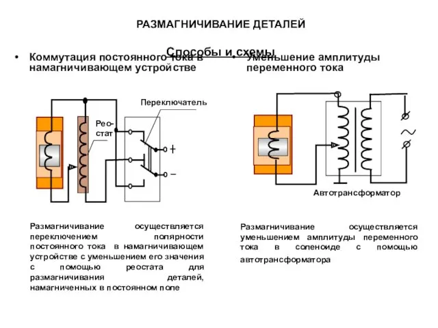 РАЗМАГНИЧИВАНИЕ ДЕТАЛЕЙ Способы и схемы Коммутация постоянного тока в намагничивающем