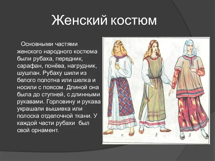 Женский костюм Основными частями женского народного костюма были рубаха, передник, сарафан, понёва, нагрудник,