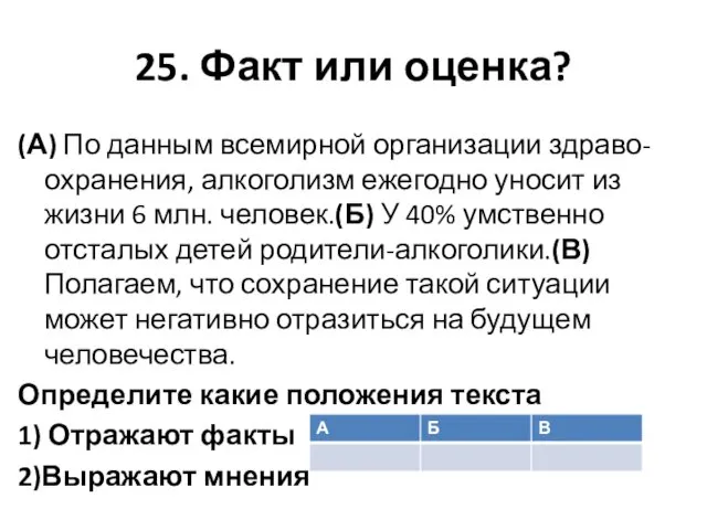 25. Факт или оценка? (А) По данным всемирной организации здраво-охранения, алкоголизм ежегодно уносит