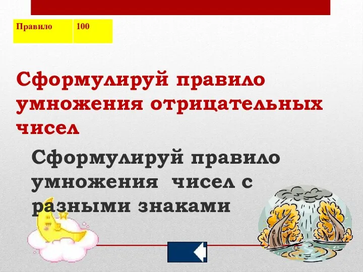 Сформулируй правило умножения отрицательных чисел Сформулируй правило умножения чисел с разными знаками