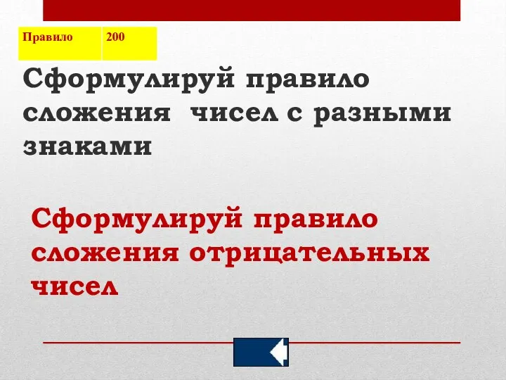 Сформулируй правило сложения чисел с разными знаками Сформулируй правило сложения отрицательных чисел