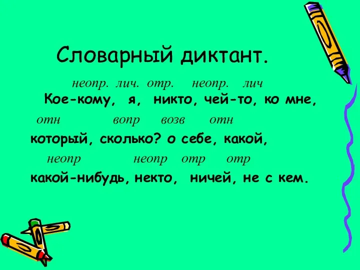 Словарный диктант. неопр. лич. отр. неопр. лич Кое-кому, я, никто,