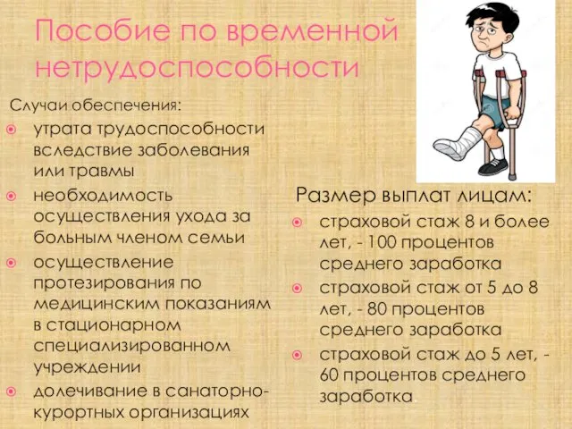 Пособие по временной нетрудоспособности Случаи обеспечения: утрата трудоспособности вследствие заболевания