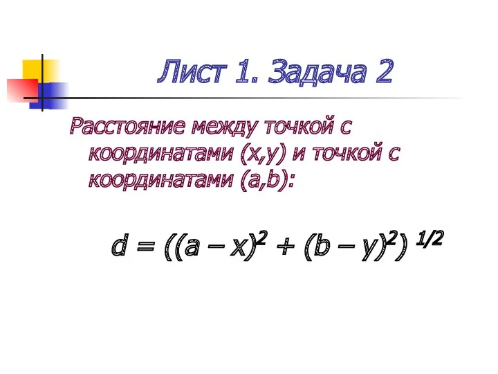 Лист 1. Задача 2 Расстояние между точкой с координатами (x,y)