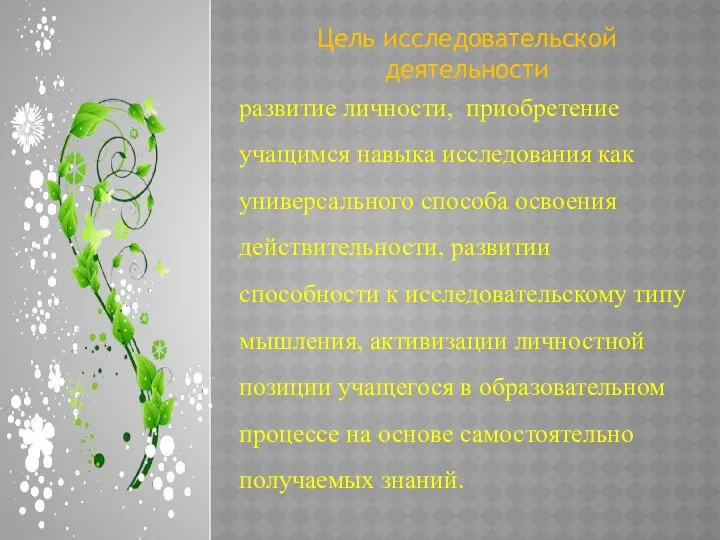 Цель исследовательской деятельности развитие личности, приобретение учащимся навыка исследования как