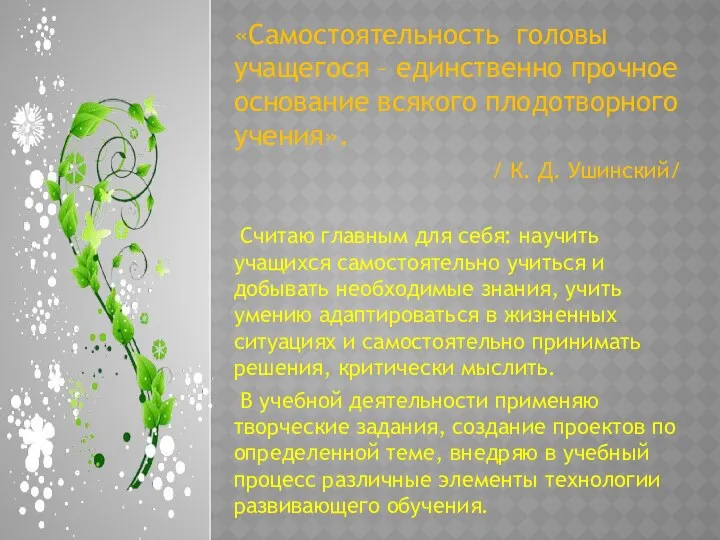 «Самостоятельность головы учащегося – единственно прочное основание всякого плодотворного учения».