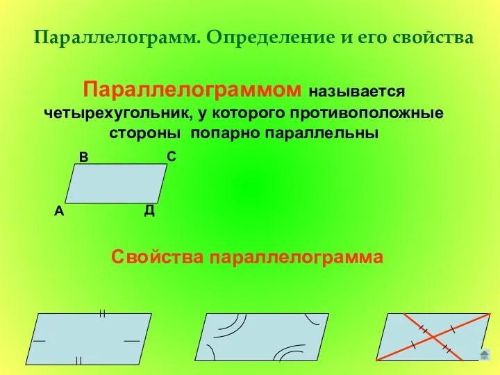 Параллелограмм. Определение и его свойства Параллелограммом называется четырехугольник, у которого